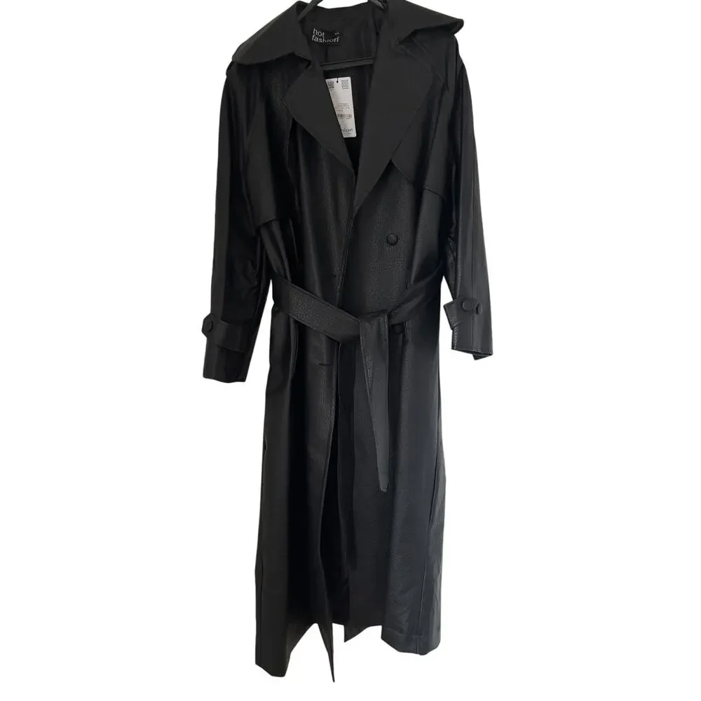 Black Faux Leather Trench Coat Women Long Belted Classic Jacket Stylish - Picture 7 of 12